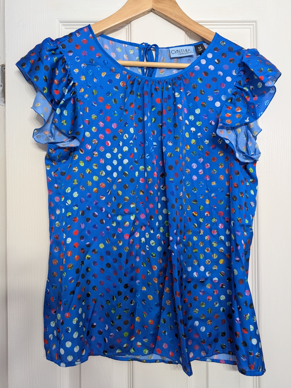 Cynthia Rowley Blue Polka Dot Ruffle Sleeve Blouse